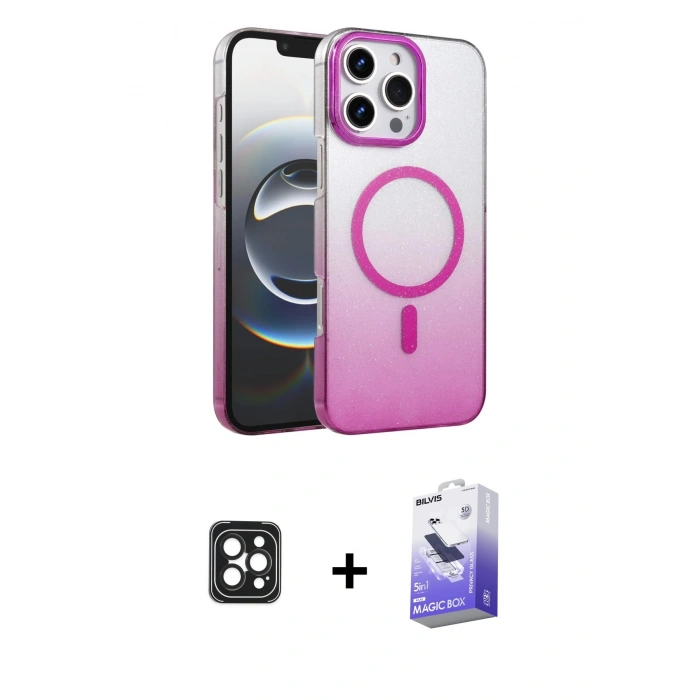 MARSİLYAN™- iPhone 16 Pro Max Kılıf Ahenk Doku Özel Seri - Siyah Bilvis 5in1 5D Magic Hayalet Cam Ekran Koruyucu + PVD Metal Kamera Lens - SH