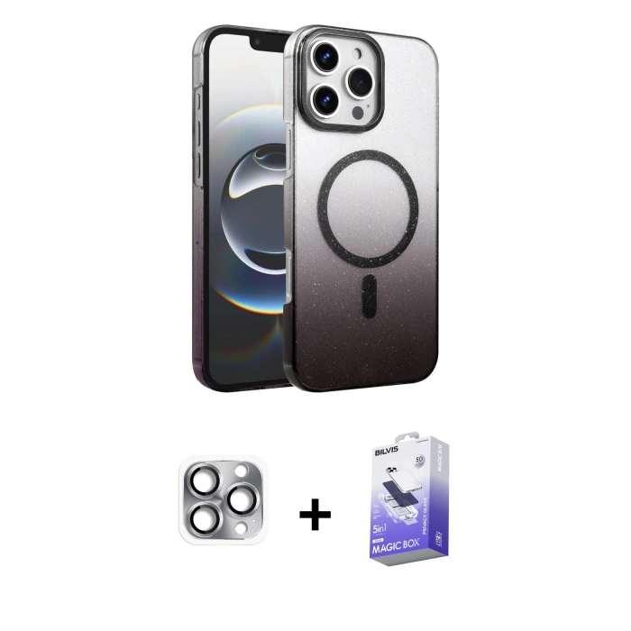 MARSİLYAN™- iPhone 16 Pro Max Kılıf Ahenk Doku Özel Seri - Siyah Bilvis 5in1 5D Magic Hayalet Cam Ekran Koruyucu + Pers Alüminyum Kamera Lens - GI