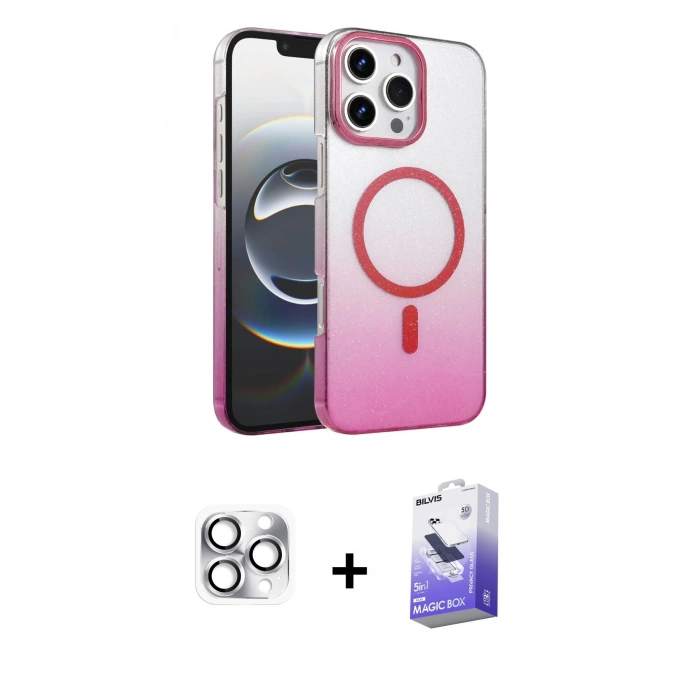 MARSİLYAN™- iPhone 16 Pro Max Kılıf Ahenk Doku Özel Seri - Siyah Bilvis 5in1 5D Magic Hayalet Cam Ekran Koruyucu + Pers Alüminyum Kamera Lens - GS