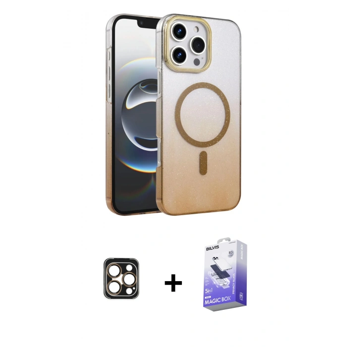 MARSİLYAN™- iPhone 16 Pro Max Kılıf Ahenk Doku Özel Seri - Siyah Bilvis 5in1 5D Magic Hayalet Cam Ekran Koruyucu + Gold PVD Metal Kamera Lens
