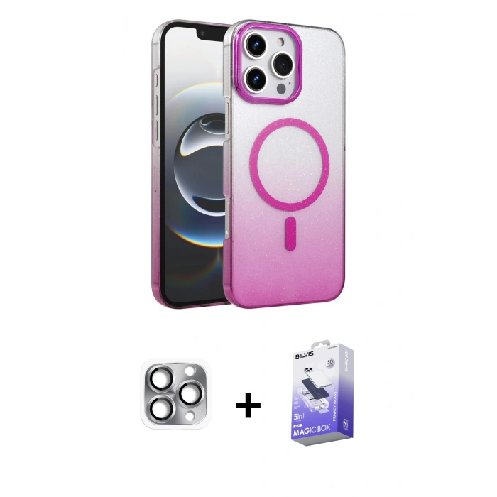 MARSİLYAN™- iPhone 16 Pro Max Kılıf Ahenk Doku Özel Seri - Siyah Bilvis 5in1 5D Magic Hayalet Cam Ekran Koruyucu + Pers Alüminyum Kamera Lens - GI