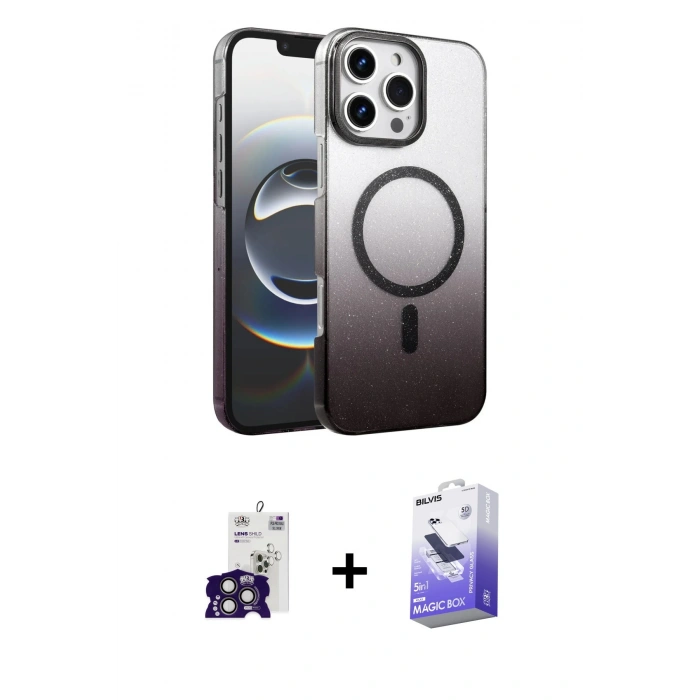 MARSİLYAN™- iPhone 16 Pro Max Kılıf Ahenk Doku Özel Seri - Siyah Bilvis 5in1 5D Magic Hayalet Cam Ekran Koruyucu + Bilvis Titan Kamera Lens - TMGI