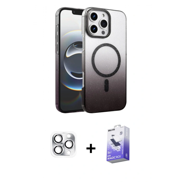 MARSİLYAN™- iPhone 16 Pro Max Kılıf Ahenk Doku Özel Seri - Siyah Bilvis 5in1 5D Magic Hayalet Cam Ekran Koruyucu + Pers Alüminyum Kamera Lens - GS