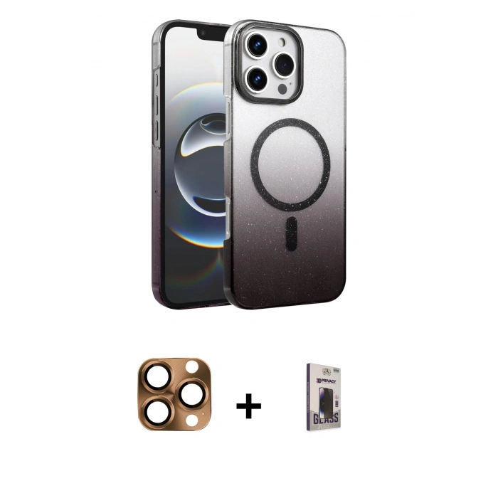 MARSİLYAN™- iPhone 16 Pro Max Kılıf Ahenk Doku Özel Seri - Siyah Bilvis Hayalet Cam Ekran Koruyucu + Pers Alüminyum Kamera Lens - CLTM