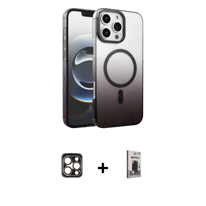 MARSİLYAN™- iPhone 16 Pro Max Kılıf Ahenk Doku Özel Seri - Siyah Bilvis Hayalet Cam Ekran Koruyucu + PVD Metal Kamera Lens - GD