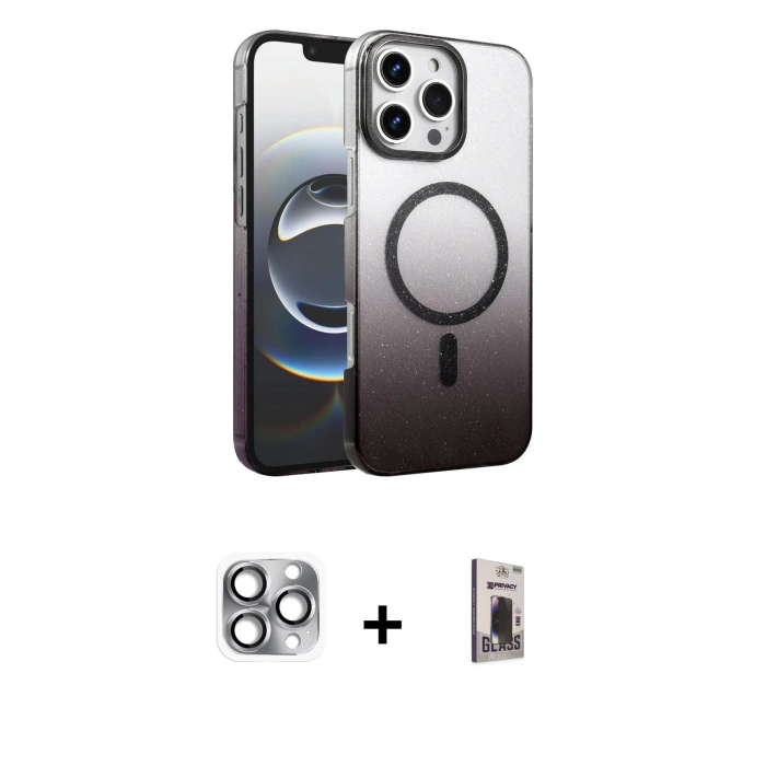 MARSİLYAN™- iPhone 16 Pro Max Kılıf Ahenk Doku Özel Seri - Siyah Bilvis Hayalet Cam Ekran Koruyucu + Pers Alüminyum Kamera Lens - GI