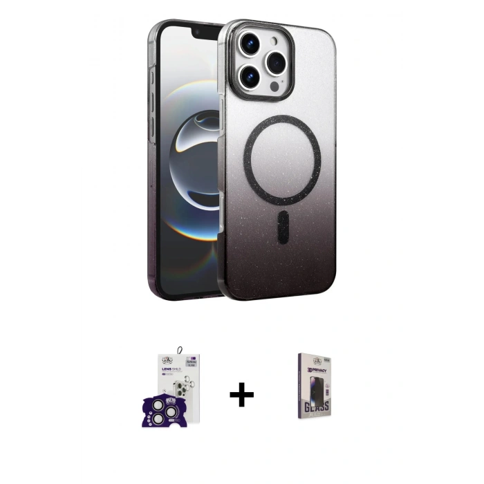 MARSİLYAN™- iPhone 16 Pro Max Kılıf Ahenk Doku Özel Seri - Siyah Bilvis Hayalet Cam Ekran Koruyucu + Titanyum Gri Bilvis Titan Kamera Lens