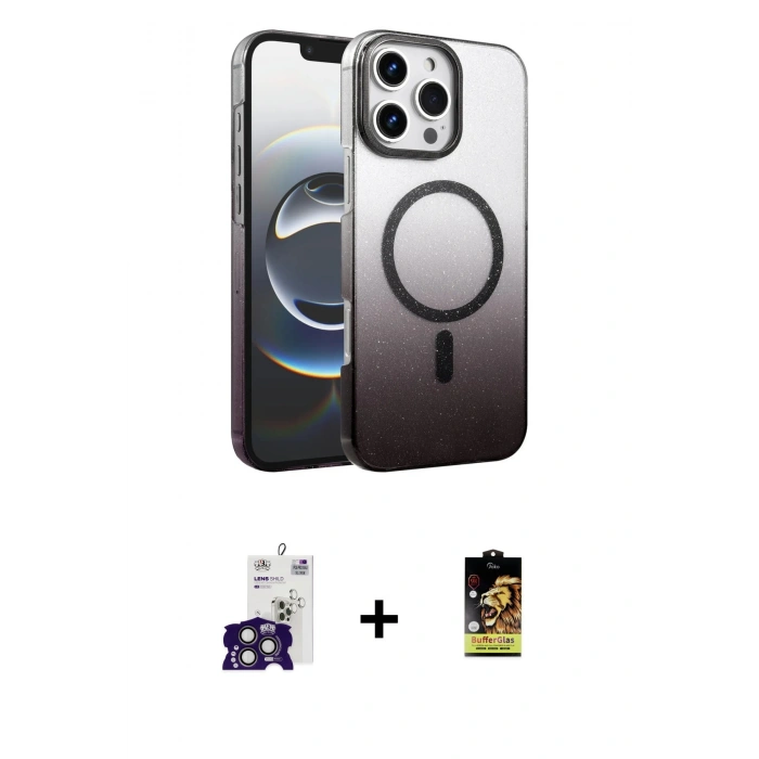 MARSİLYAN™- iPhone 16 Pro Max Kılıf Ahenk Doku Özel Seri - Siyah Buffer Cam Ekran Koruyucu + Bilvis Titan Kamera Lens - TMGI