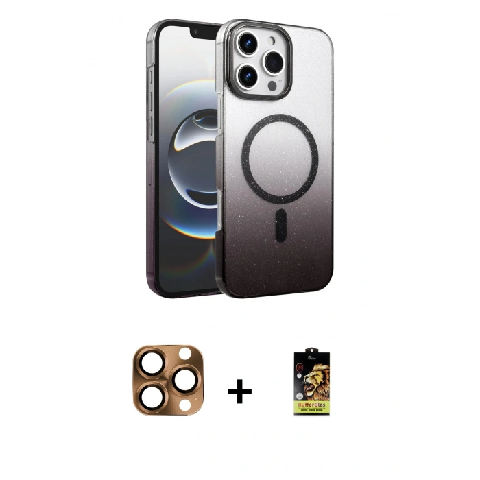MARSİLYAN™- iPhone 16 Pro Max Kılıf Ahenk Doku Özel Seri - Siyah Buffer Cam Ekran Koruyucu + Pers Alüminyum Kamera Lens - CLTM
