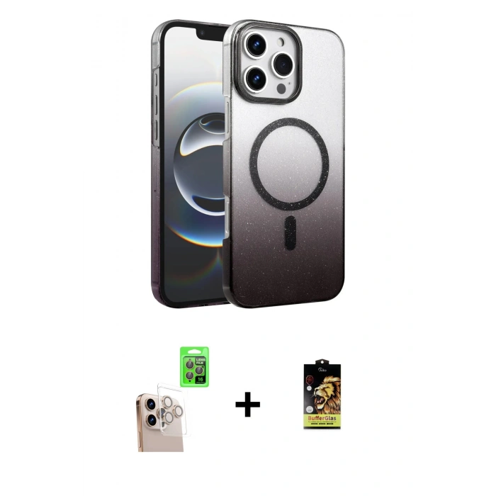 MARSİLYAN™- iPhone 16 Pro Max Kılıf Ahenk Doku Özel Seri - Siyah Buffer Cam Ekran Koruyucu + Raze Metal Kamera Lens - NLGY
