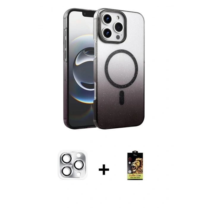 MARSİLYAN™- iPhone 16 Pro Max Kılıf Ahenk Doku Özel Seri - Siyah Buffer Cam Ekran Koruyucu + Pers Alüminyum Kamera Lens - GS