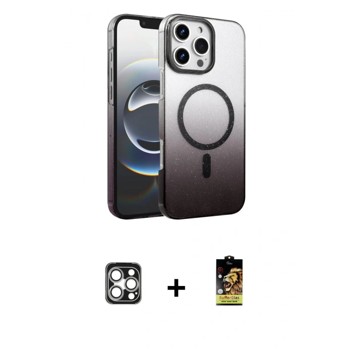MARSİLYAN™- iPhone 16 Pro Max Kılıf Ahenk Doku Özel Seri - Siyah Buffer Cam Ekran Koruyucu + PVD Metal Kamera Lens - GS