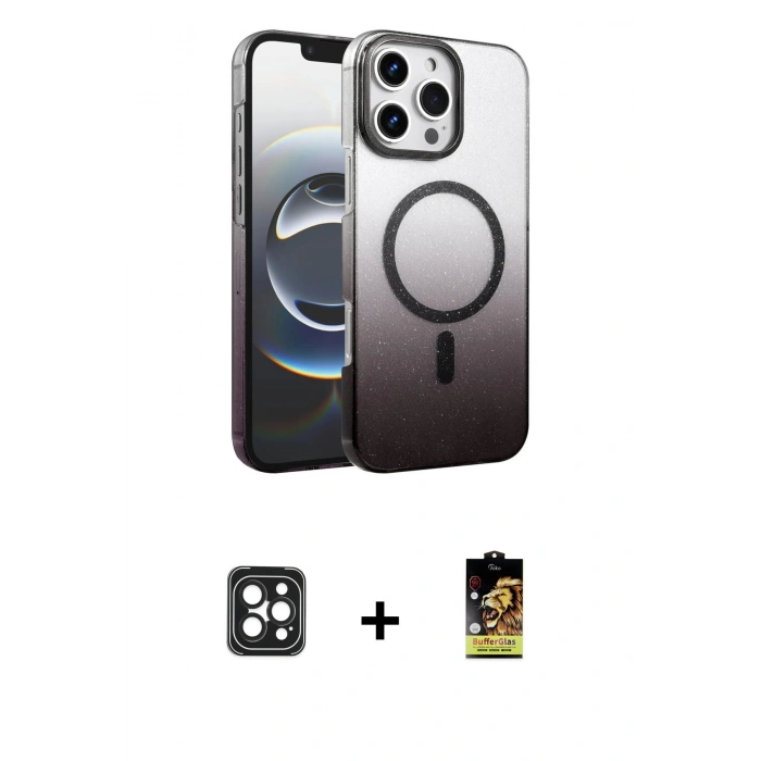 MARSİLYAN™- iPhone 16 Pro Max Kılıf Ahenk Doku Özel Seri - Siyah Buffer Cam Ekran Koruyucu + PVD Metal Kamera Lens - SH
