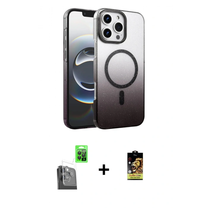 MARSİLYAN™- iPhone 16 Pro Max Kılıf Ahenk Doku Özel Seri - Siyah Buffer Cam Ekran Koruyucu + Raze Metal Kamera Lens - SH