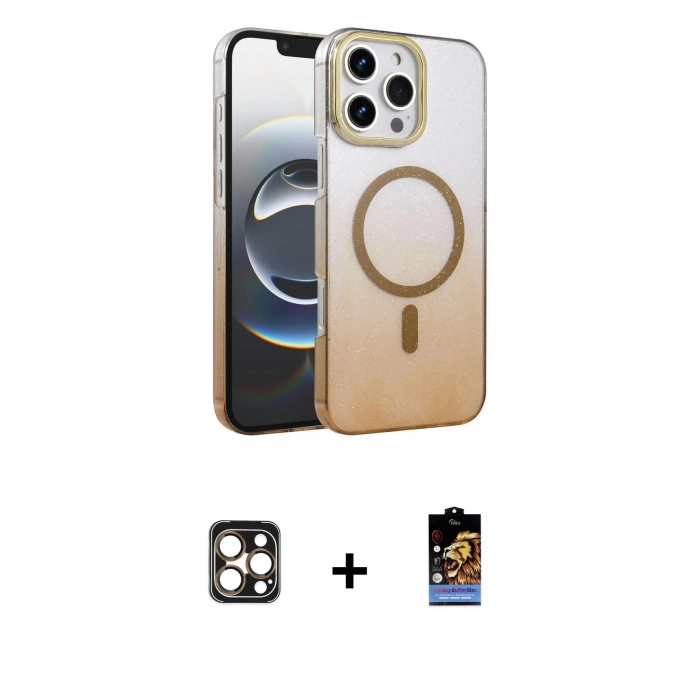 MARSİLYAN™- iPhone 16 Pro Max Kılıf Ahenk Doku Özel Seri - Siyah Buffer Hayalet Cam Ekran Koruyucu + Gold PVD Metal Kamera Lens