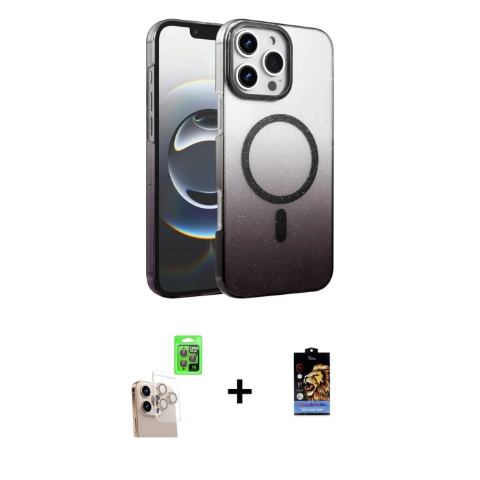 MARSİLYAN™- iPhone 16 Pro Max Kılıf Ahenk Doku Özel Seri - Siyah Buffer Hayalet Cam Ekran Koruyucu + Raze Metal Kamera Lens - NLGY