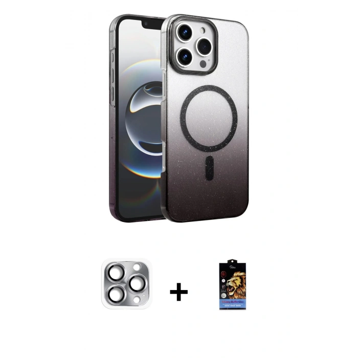 MARSİLYAN™- iPhone 16 Pro Max Kılıf Ahenk Doku Özel Seri - Siyah Buffer Hayalet Cam Ekran Koruyucu + Pers Alüminyum Kamera Lens - GI