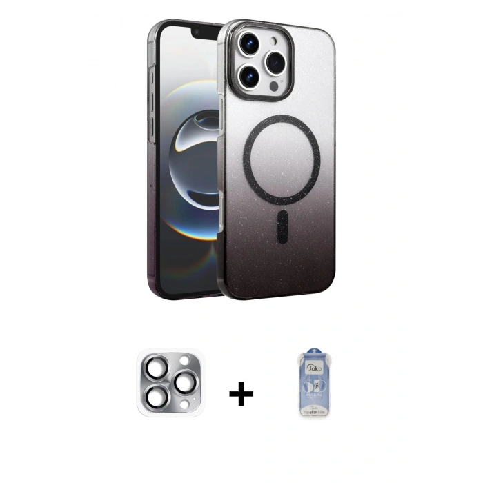 MARSİLYAN™- iPhone 16 Pro Max Kılıf Ahenk Doku Özel Seri - Siyah Joko Magic 5D Cam + Pers Alüminyum Kamera Lens - GI