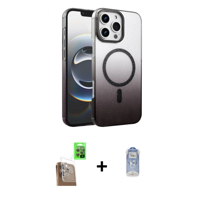 MARSİLYAN™- iPhone 16 Pro Max Kılıf Ahenk Doku Özel Seri - Siyah Joko Magic 5D Cam + Raze Metal Kamera Lens - CLTM