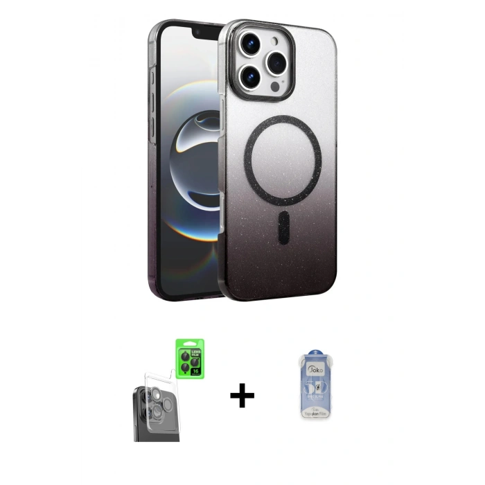 MARSİLYAN™- iPhone 16 Pro Max Kılıf Ahenk Doku Özel Seri - Siyah Joko Magic 5D Cam + Raze Metal Kamera Lens - SH