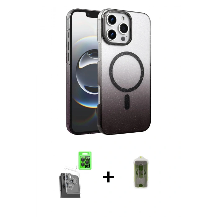 MARSİLYAN™- iPhone 16 Pro Max Kılıf Ahenk Doku Özel Seri - Siyah Joko Magic 5D Hayalet Cam + Siyah Raze Metal Kamera Lens