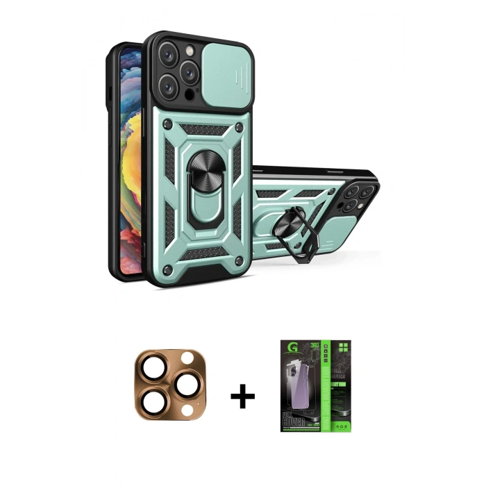 MARSİLYAN™- iPhone 16 Pro Max Kılıf Ahenk Klasik - Şeffaf 360 Full Body Arka Koruyucu + Çöl Titanyum Pers Alüminyum Kamera Lens