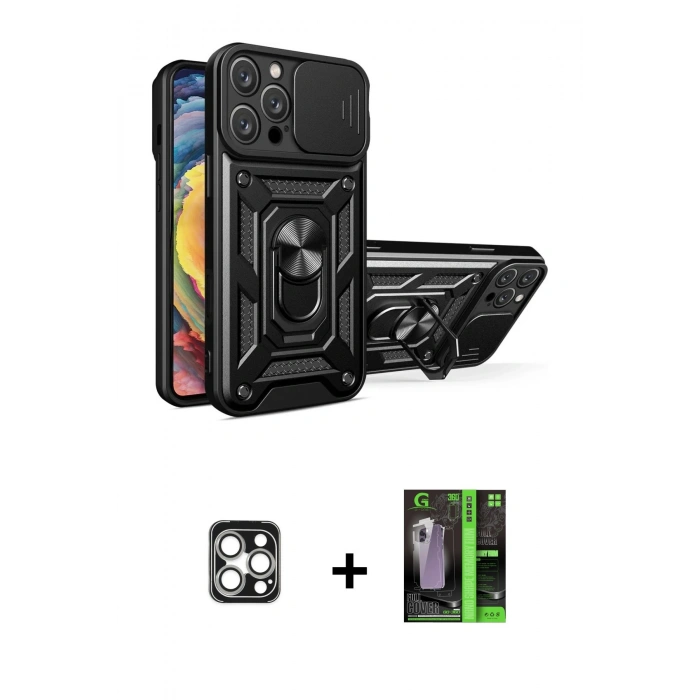 MARSİLYAN™- iPhone 16 Pro Max Kılıf Ahenk Klasik - Şeffaf 360 Full Body Arka Koruyucu + PVD Metal Kamera Lens - GS