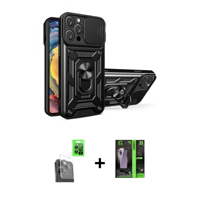 MARSİLYAN™- iPhone 16 Pro Max Kılıf Ahenk Klasik - Şeffaf 360 Full Body Arka Koruyucu + Siyah Raze Metal Kamera Lens