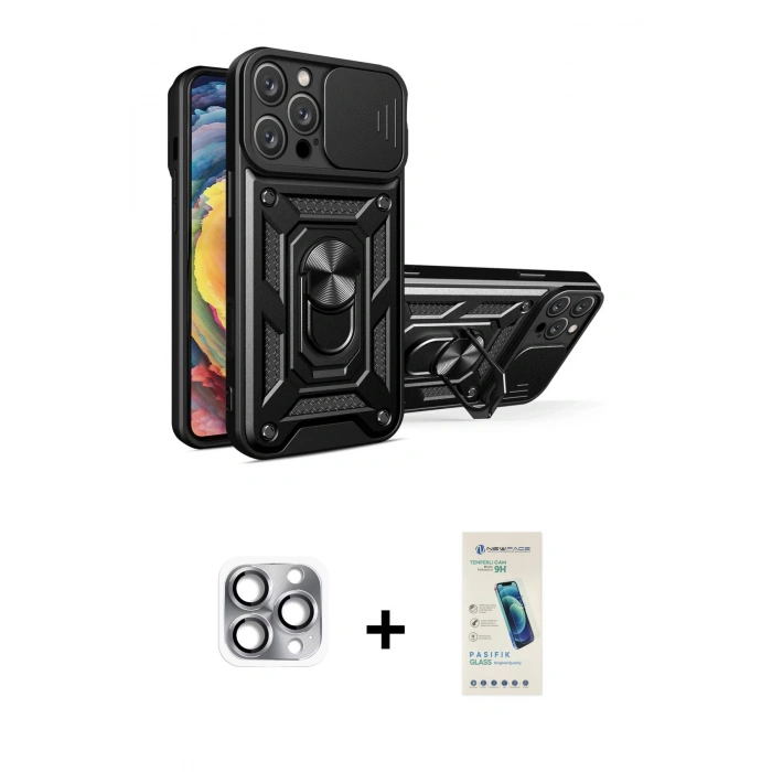 MARSİLYAN™- iPhone 16 Pro Max Kılıf Ahenk Klasik - Şeffaf Pasifik Cam Ekran Koruyucu + Pers Alüminyum Kamera Lens - GI