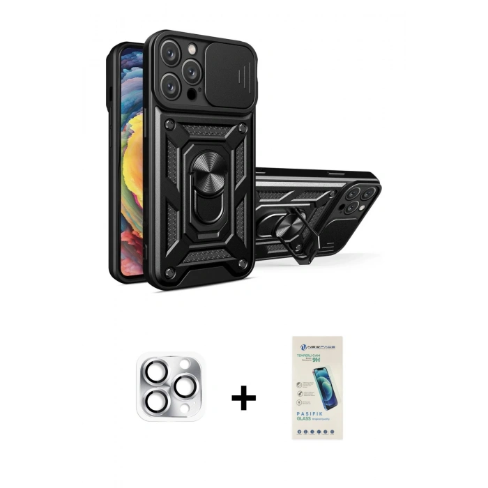 MARSİLYAN™- iPhone 16 Pro Max Kılıf Ahenk Klasik - Şeffaf Pasifik Cam Ekran Koruyucu + Pers Alüminyum Kamera Lens - GS