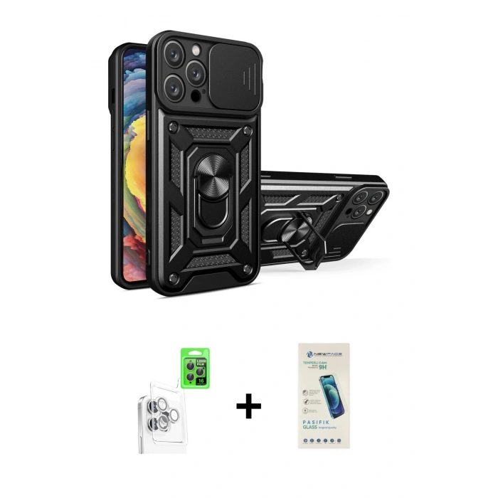 MARSİLYAN™- iPhone 16 Pro Max Kılıf Ahenk Klasik - Şeffaf Pasifik Cam Ekran Koruyucu + Raze Metal Kamera Lens - BZ