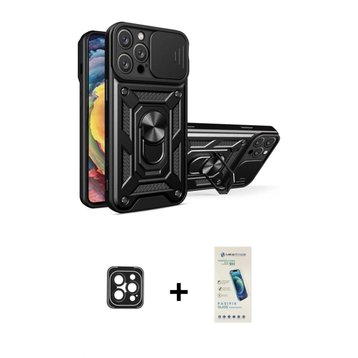 MARSİLYAN™- iPhone 16 Pro Max Kılıf Ahenk Klasik - Şeffaf Pasifik Cam Ekran Koruyucu + PVD Metal Kamera Lens - SH