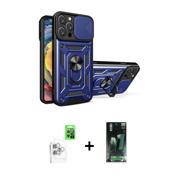 MARSİLYAN™- iPhone 16 Pro Max Kılıf Ahenk Klasik - Siyah 360 Mat Full Body Arka Koruyucu + Beyaz Raze Metal Kamera Lens