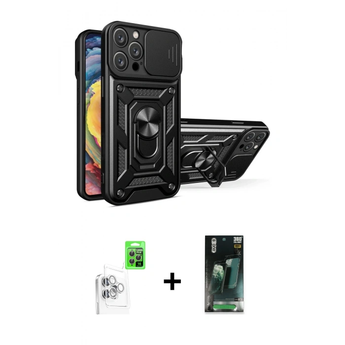 MARSİLYAN™- iPhone 16 Pro Max Kılıf Ahenk Klasik - Siyah 360 Mat Full Body Arka Koruyucu + Beyaz Raze Metal Kamera Lens