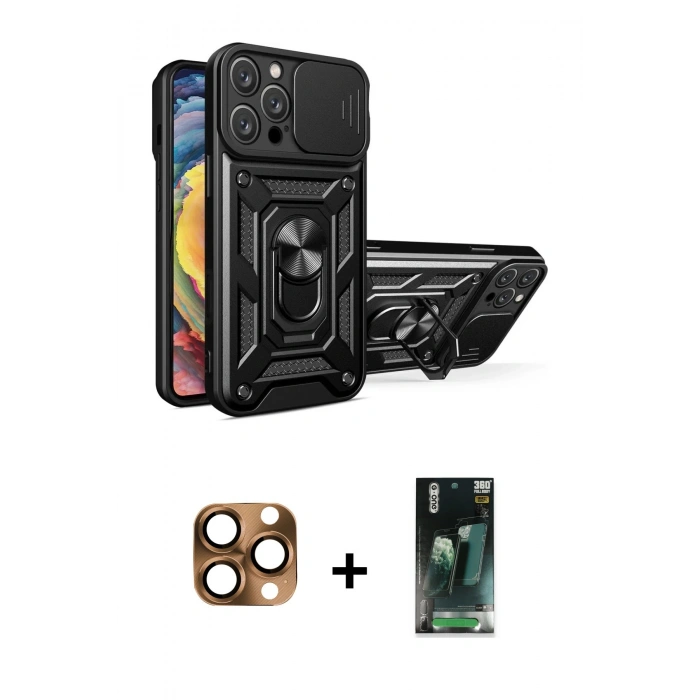MARSİLYAN™- iPhone 16 Pro Max Kılıf Ahenk Klasik - Siyah 360 Mat Full Body Arka Koruyucu + Pers Alüminyum Kamera Lens - CLTM