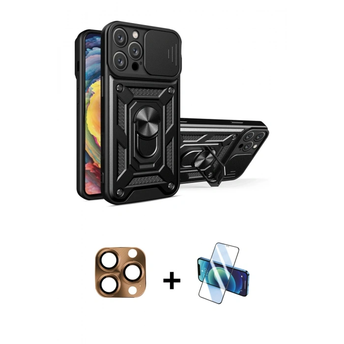 MARSİLYAN™- iPhone 16 Pro Max Kılıf Ahenk Klasik - Siyah 3D Antistatik Cam Ekran Koruyucu + Pers Alüminyum Kamera Lens - CLTM