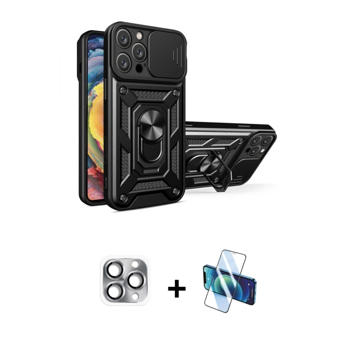 MARSİLYAN™- iPhone 16 Pro Max Kılıf Ahenk Klasik - Siyah 3D Antistatik Cam Ekran Koruyucu + Pers Alüminyum Kamera Lens - GI