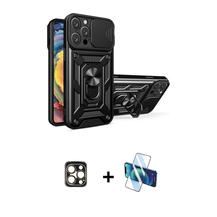 MARSİLYAN™- iPhone 16 Pro Max Kılıf Ahenk Klasik - Siyah 3D Antistatik Cam Ekran Koruyucu + PVD Metal Kamera Lens - GD
