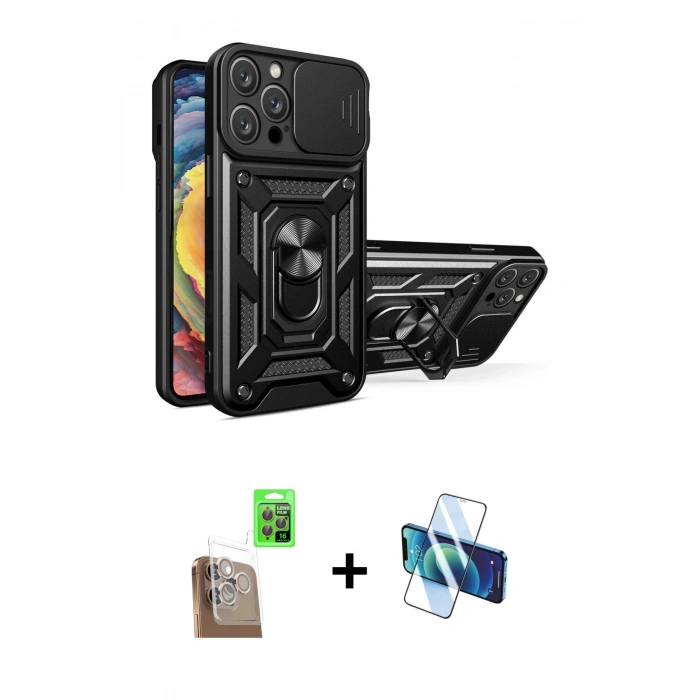 MARSİLYAN™- iPhone 16 Pro Max Kılıf Ahenk Klasik - Siyah 3D Antistatik Cam Ekran Koruyucu + Raze Metal Kamera Lens - CLTM