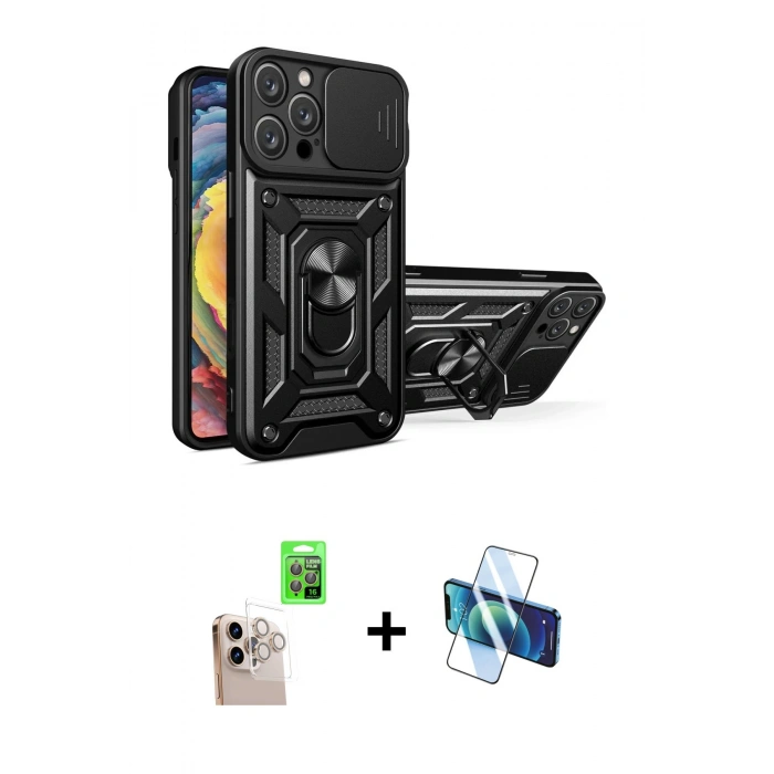 MARSİLYAN™- iPhone 16 Pro Max Kılıf Ahenk Klasik - Siyah 3D Antistatik Cam Ekran Koruyucu + Raze Metal Kamera Lens - NLGY