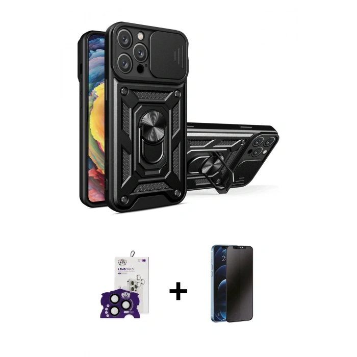 MARSİLYAN™- iPhone 16 Pro Max Kılıf Ahenk Klasik - Siyah 3D Antistatik Hayalet Cam Ekran Koruyucu + Bilvis Titan Kamera Lens - SH