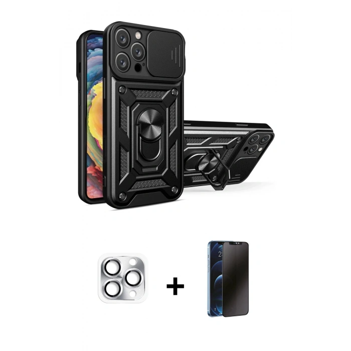 MARSİLYAN™- iPhone 16 Pro Max Kılıf Ahenk Klasik - Siyah 3D Antistatik Hayalet Cam Ekran Koruyucu + Pers Alüminyum Kamera Lens - GS