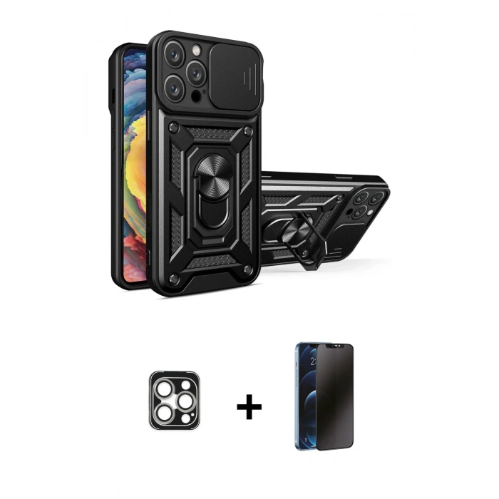 MARSİLYAN™- iPhone 16 Pro Max Kılıf Ahenk Klasik - Siyah 3D Antistatik Hayalet Cam Ekran Koruyucu + PVD Metal Kamera Lens - GS