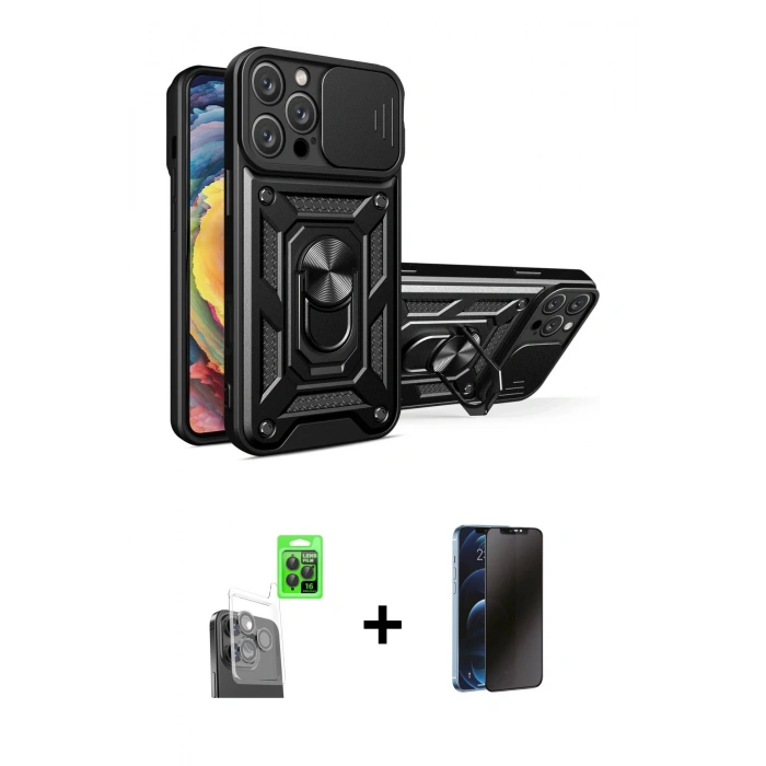 MARSİLYAN™- iPhone 16 Pro Max Kılıf Ahenk Klasik - Siyah 3D Antistatik Hayalet Cam Ekran Koruyucu + Raze Metal Kamera Lens - SH