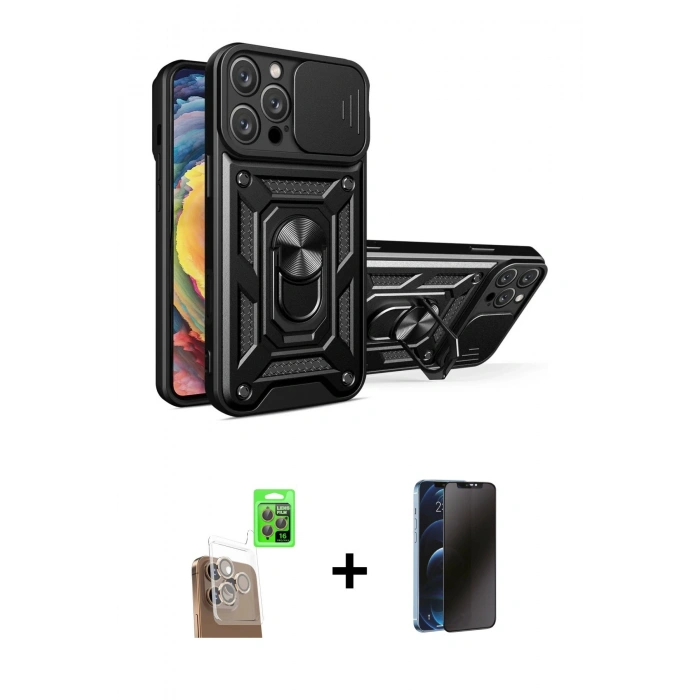 MARSİLYAN™- iPhone 16 Pro Max Kılıf Ahenk Klasik - Siyah 3D Antistatik Hayalet Cam Ekran Koruyucu + Raze Metal Kamera Lens - CLTM