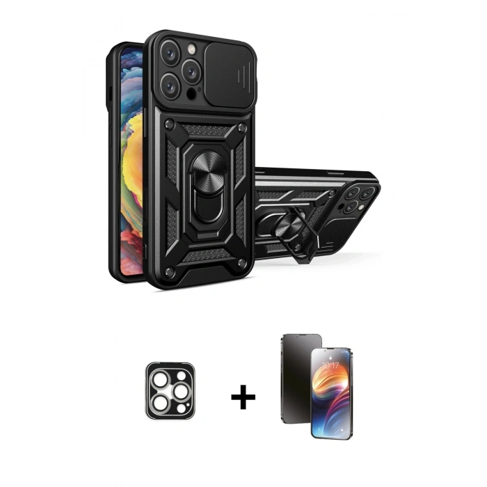 MARSİLYAN™- iPhone 16 Pro Max Kılıf Ahenk Klasik - Siyah 3D Antistatik Mat Seramik Nano Ekran Koruyucu + Gümüş PVD Metal Kamera Lens