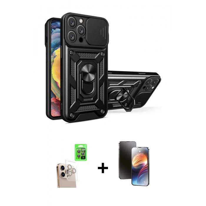 MARSİLYAN™- iPhone 16 Pro Max Kılıf Ahenk Klasik - Siyah 3D Antistatik Mat Seramik Nano Ekran Koruyucu + Raze Metal Kamera Lens - NLGY
