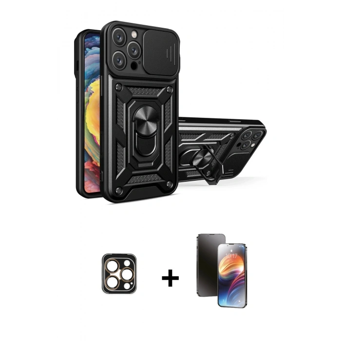 MARSİLYAN™- iPhone 16 Pro Max Kılıf Ahenk Klasik - Siyah 3D Antistatik Mat Seramik Nano Ekran Koruyucu + PVD Metal Kamera Lens - GD