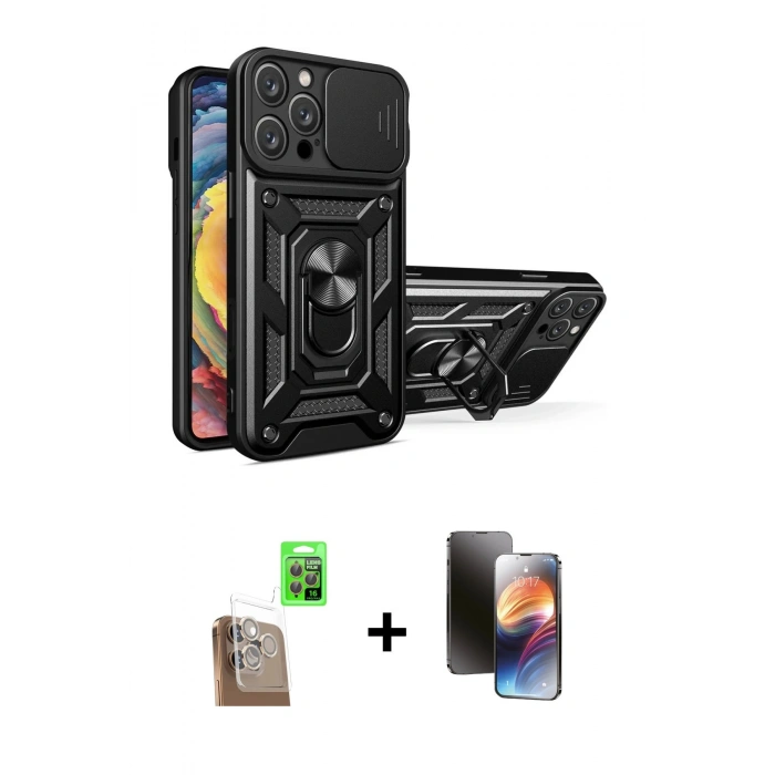 MARSİLYAN™- iPhone 16 Pro Max Kılıf Ahenk Klasik - Siyah 3D Antistatik Mat Seramik Nano Ekran Koruyucu + Raze Metal Kamera Lens - CLTM