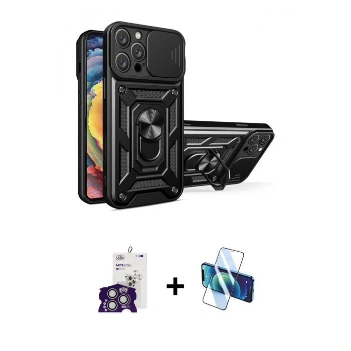 MARSİLYAN™- iPhone 16 Pro Max Kılıf Ahenk Klasik - Siyah 3D Antistatik Seramik Nano Ekran Koruyucu + Bilvis Titan Kamera Lens - GS